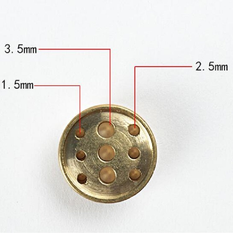 Brass-toned incense base plate with multiple small holes, size-guide markings