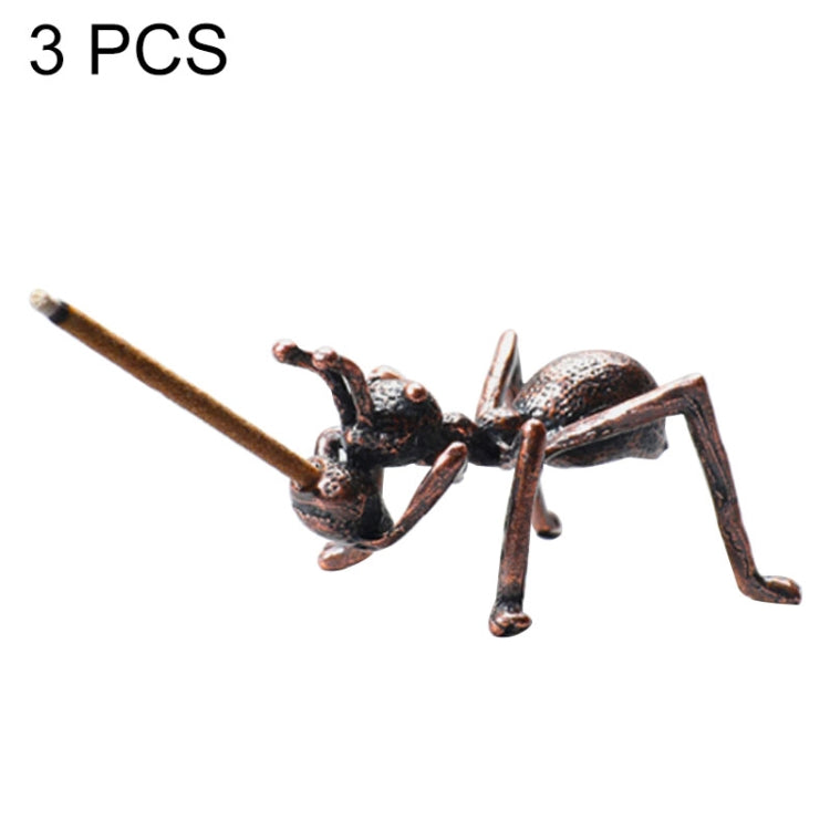 Set of three alloy ant incense plug holders, dark bronze ant with stick base