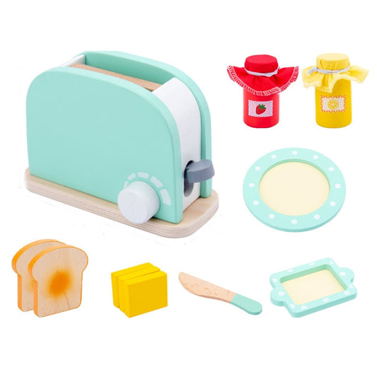 Wooden bread maker playset with toast slice, butter block, and cutting tools