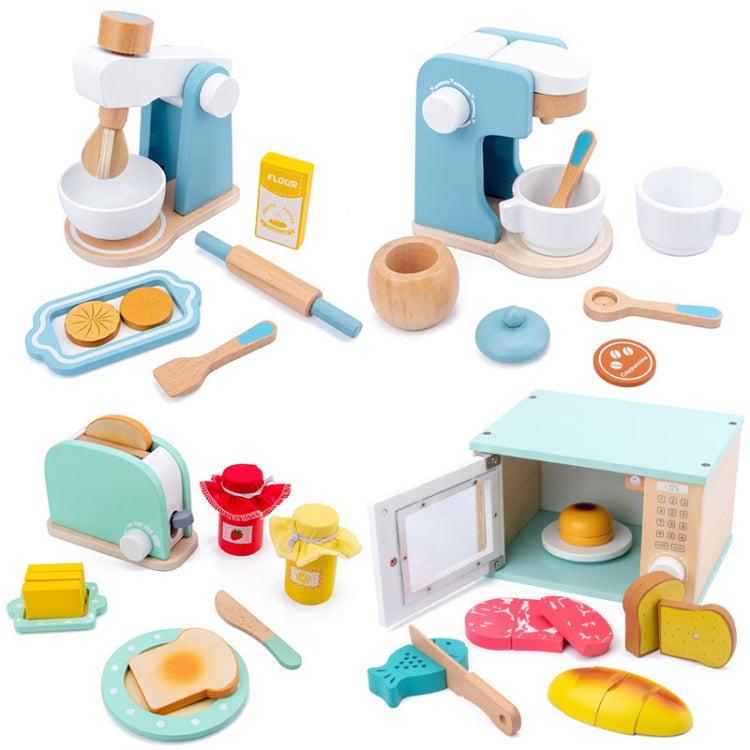 Children wooden pretend kitchen set with blue appliances, utensils, and toy food