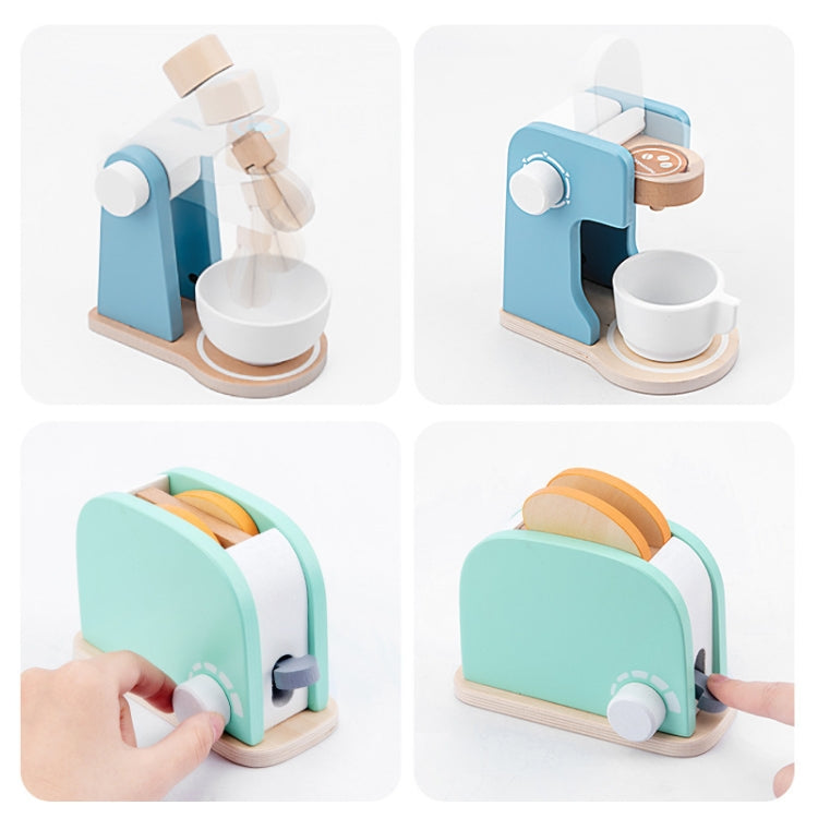 Children wooden food maker playset, blue countertop appliance with cup and hand switch
