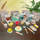 Children wooden kitchen playset with blender, coffee maker, juicer, and bread machine accessories