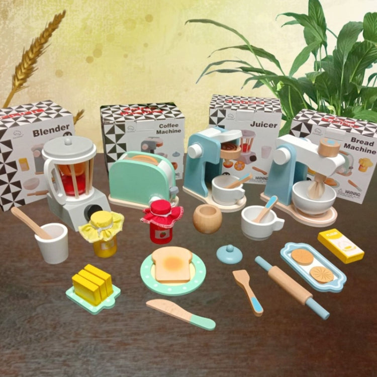 Children wooden kitchen playset with blender, coffee maker, juicer, and bread machine accessories