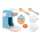 Blue coffee machine playset with wooden spoons and two white cups