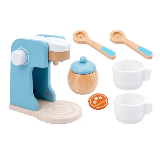 Blue coffee machine playset with wooden spoons and two white cups