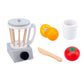White coffee maker toy with cup, wooden spoon, egg, and tomato play food