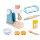 Blue mini bakery mixer playset with flour box, dough slices, and bowls