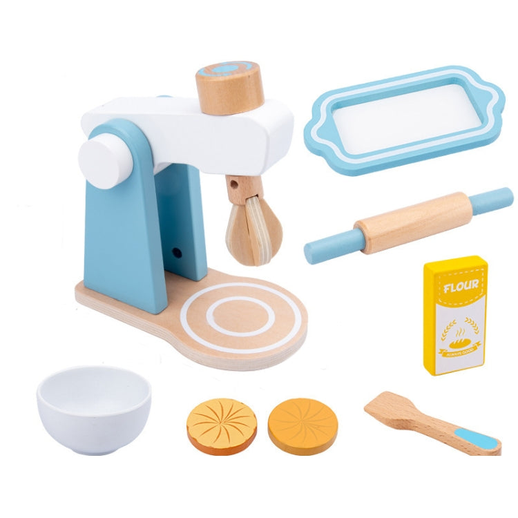 Blue mini bakery mixer playset with flour box, dough slices, and bowls