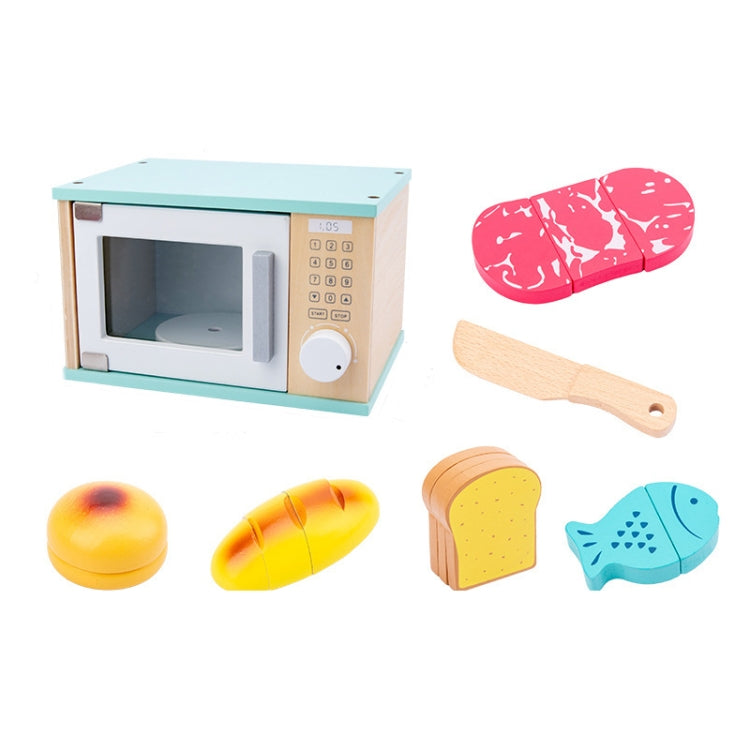 Light blue mini oven toy with bread slices, fish and colorful sandwich toppings