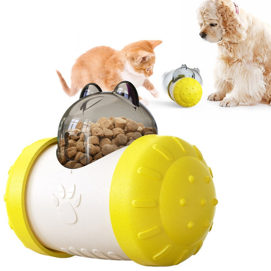 Yellow and white interactive pet food dispenser toy with transparent bear-eared lid