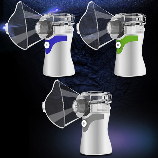 Portable ultrasonic micro-mesh atomizers in blue and green with clear mist channel and face mask