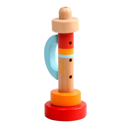 Wooden horn whistle toy with light wood body, red and blue bands, and orange base.