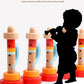 Set of wooden horn whistle toys with red, blue, and orange bases; side view.