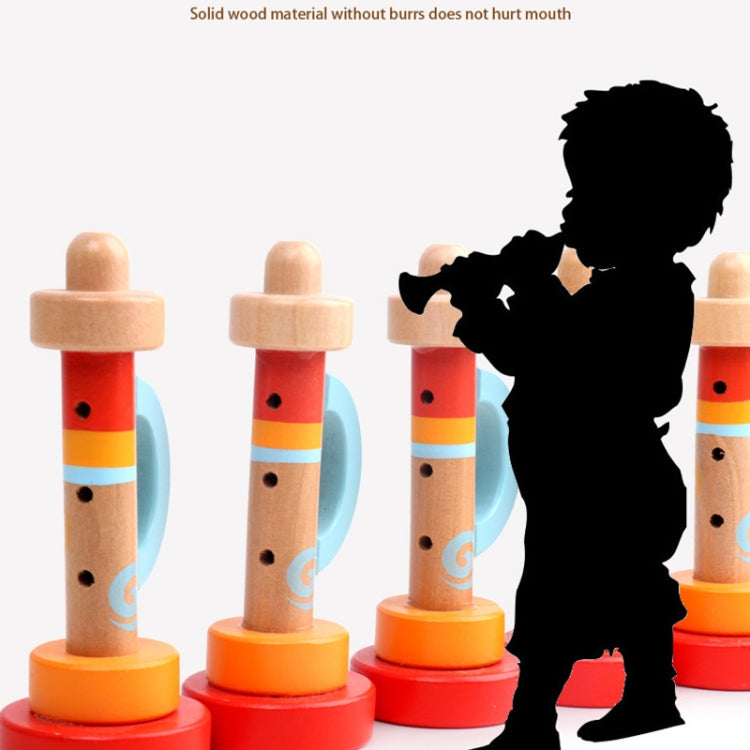 Set of wooden horn whistle toys with red, blue, and orange bases; side view.