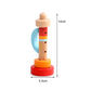 Wooden horn whistle toy, 14 cm tall, light wood body with red and blue stripes.