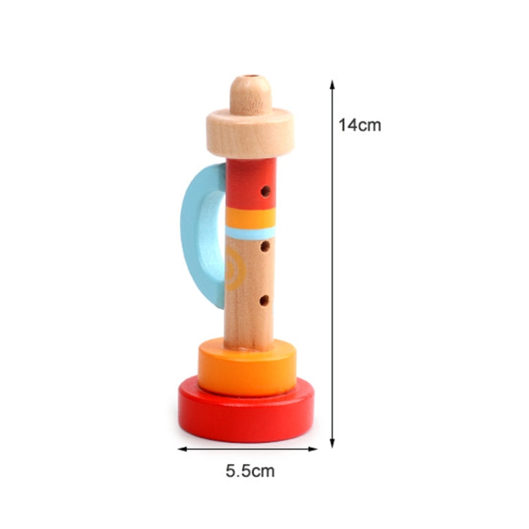 Wooden horn whistle toy, 14 cm tall, light wood body with red and blue stripes.