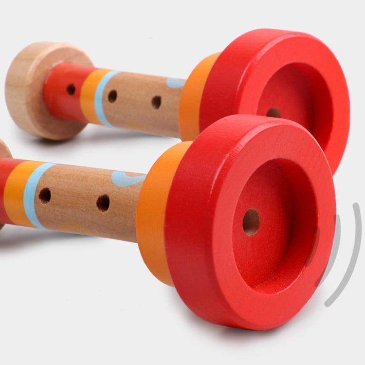 Two wooden horn whistle toys stacked, red circular mouthpiece and orange base.