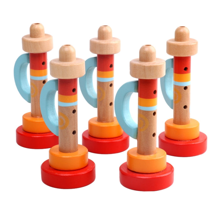 Group of wooden horn whistle toys with blue handles, red tops, and orange bases.