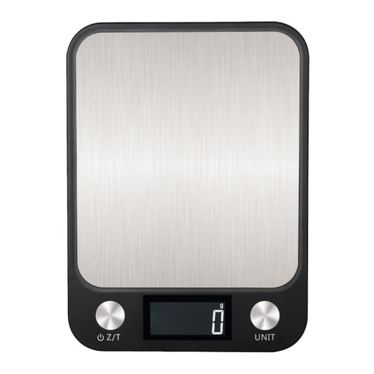 Black electronic kitchen scale, front view with brushed metal platform and LCD screen