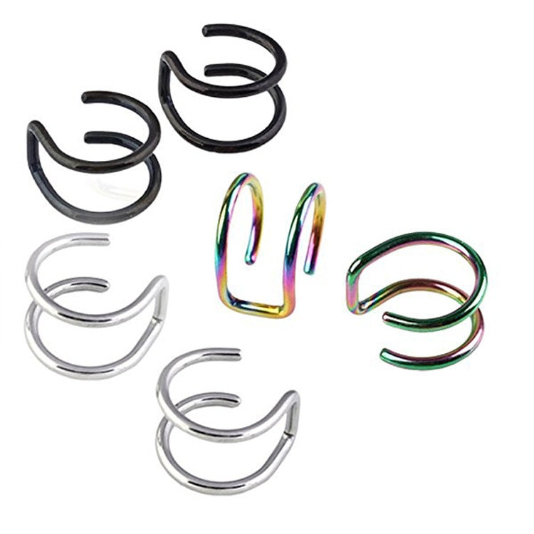 Set of 3 U-shape ear and nose clip earrings, black, silver and rainbow finishes