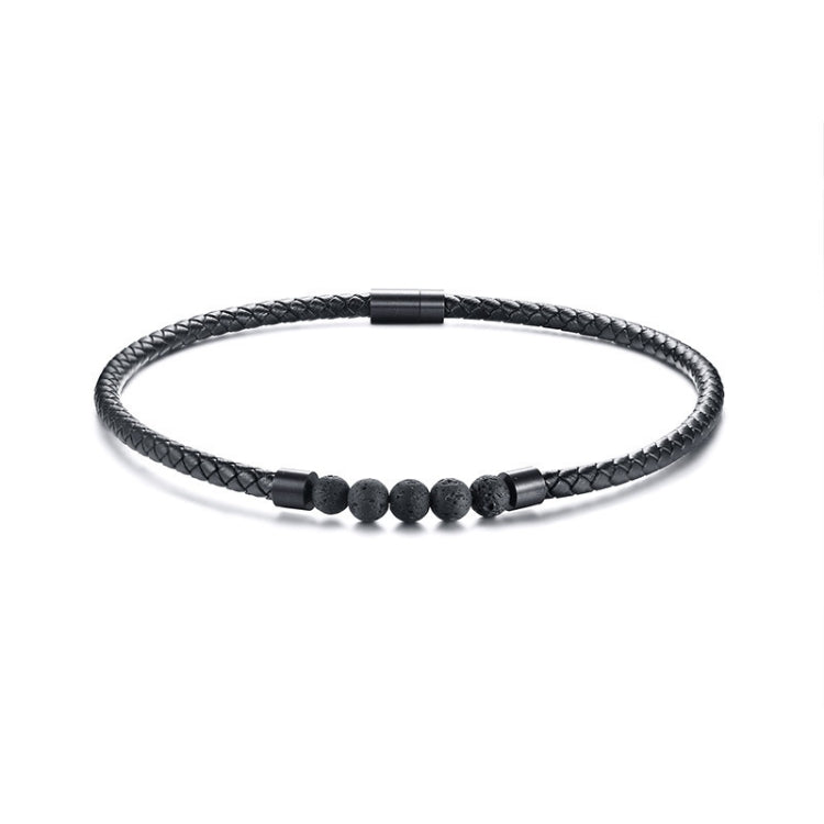 Black braided leather collar necklace with lava stone beads and stainless steel magnetic clasp