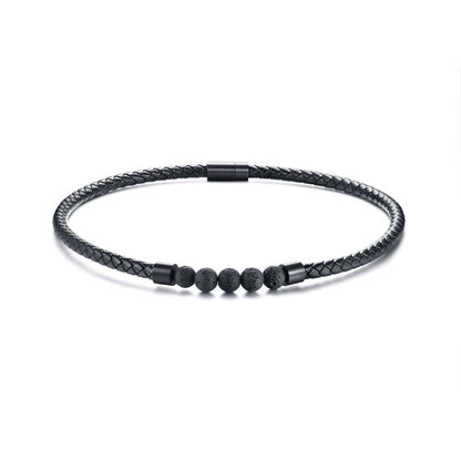 Black braided leather collar necklace with lava stone beads and stainless steel magnetic clasp