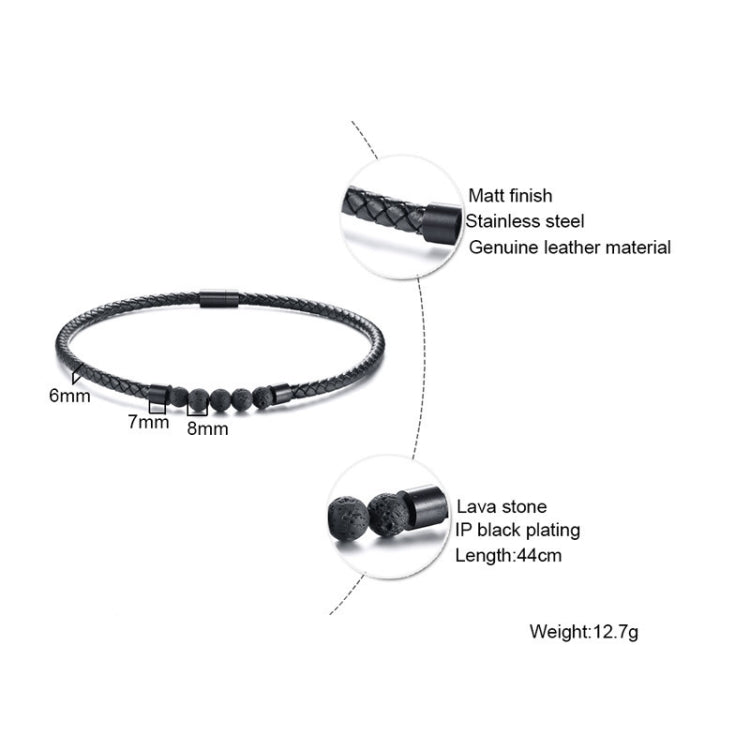 Black leather cord necklace with lava stone beads and matte stainless steel clasp