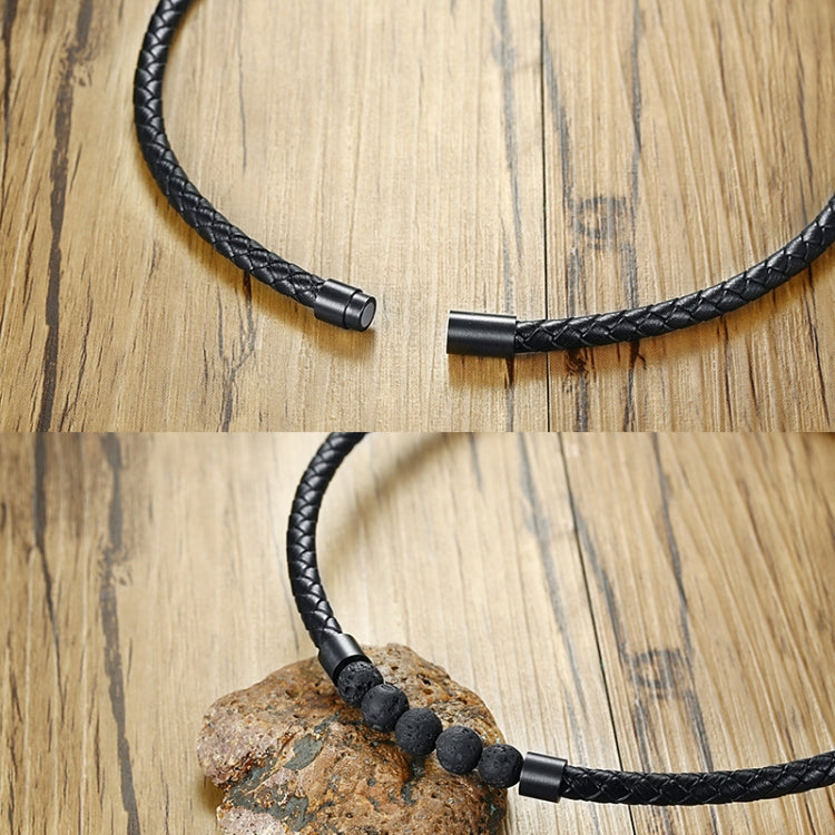 Braided black leather necklace with lava stone bead cluster and metal magnetic clasp