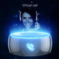Glowing silver-gray smart ring on a pedestal with virtual call icon
