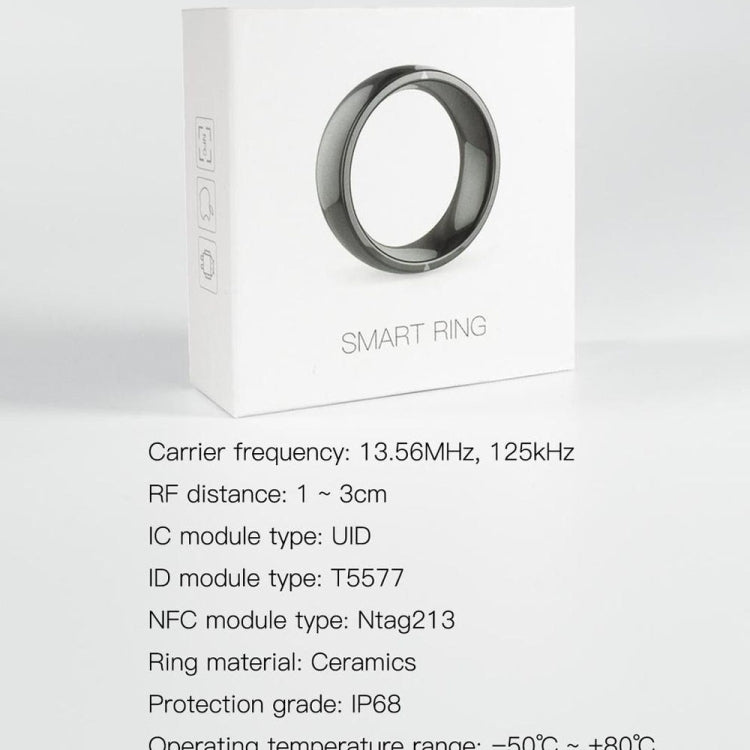 Silver-gray smart ring on white product box, rounded ceramic band