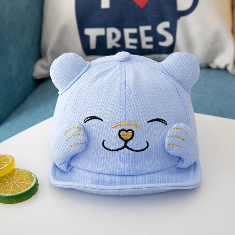 Light blue baby sun hat with cat face embroidery and rounded ear side bumps