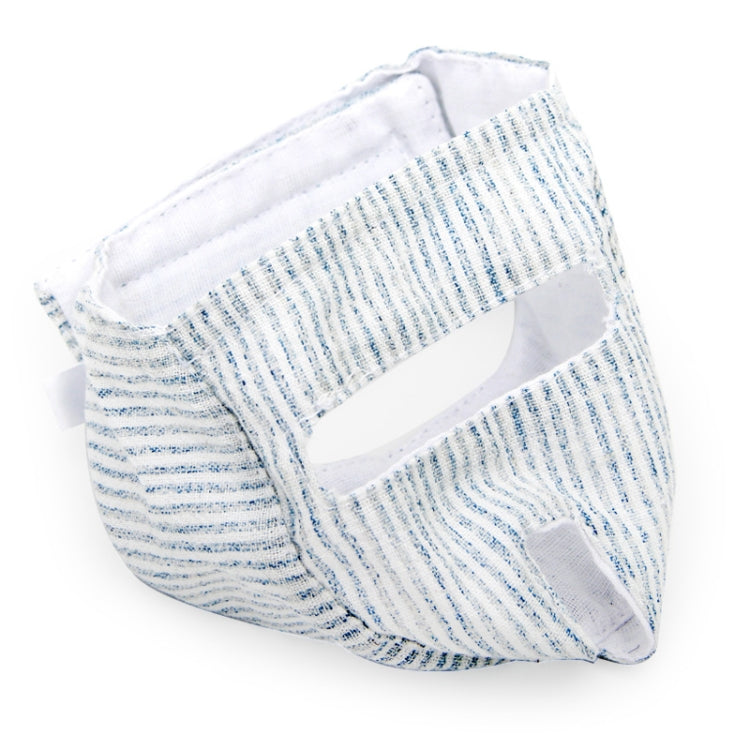 Light blue striped cat muzzle mask, fabric with ear holes and open face opening