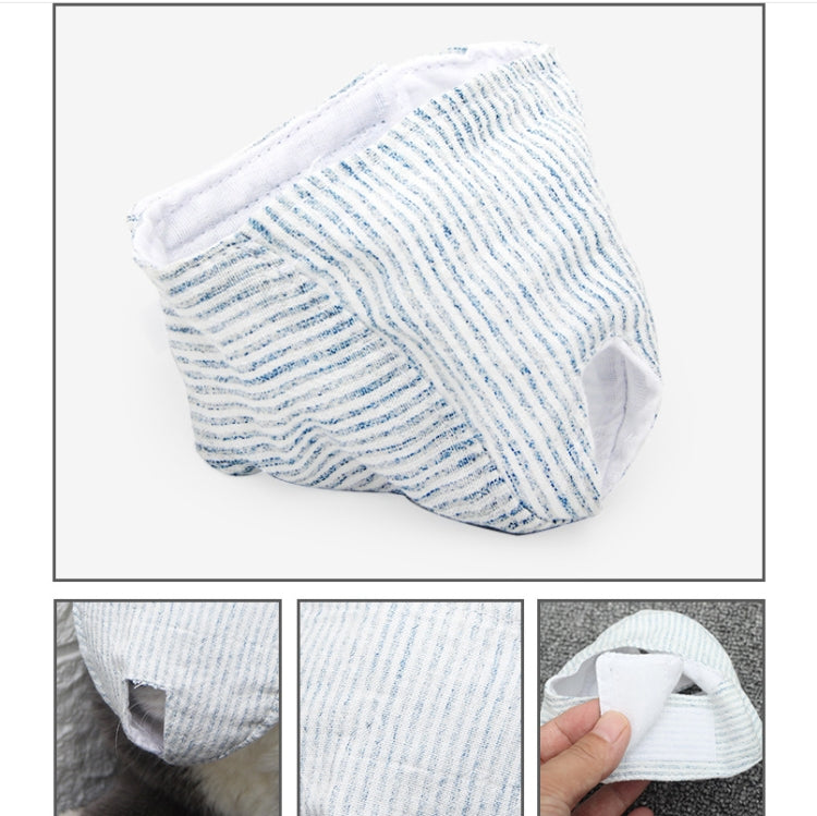 Light blue striped pet muzzle mask, shown from an angled view with ear opening