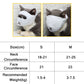 Cat wearing light blue striped muzzle mask beside S/M size chart table