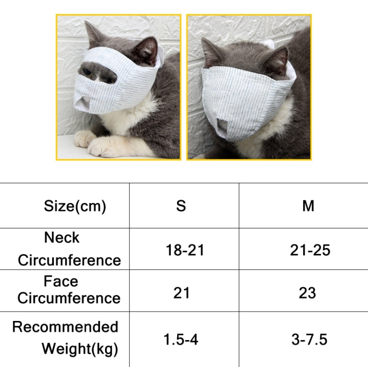 Cat wearing light blue striped muzzle mask beside S/M size chart table