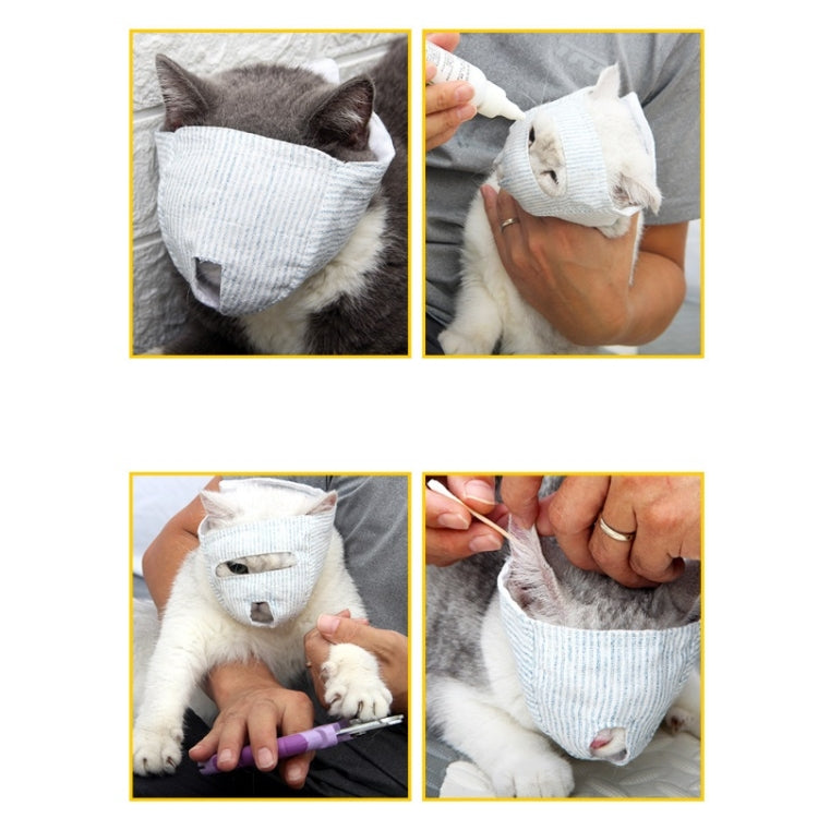 Cat face muzzle mask being fitted by hand; light blue striped fabric with ear holes