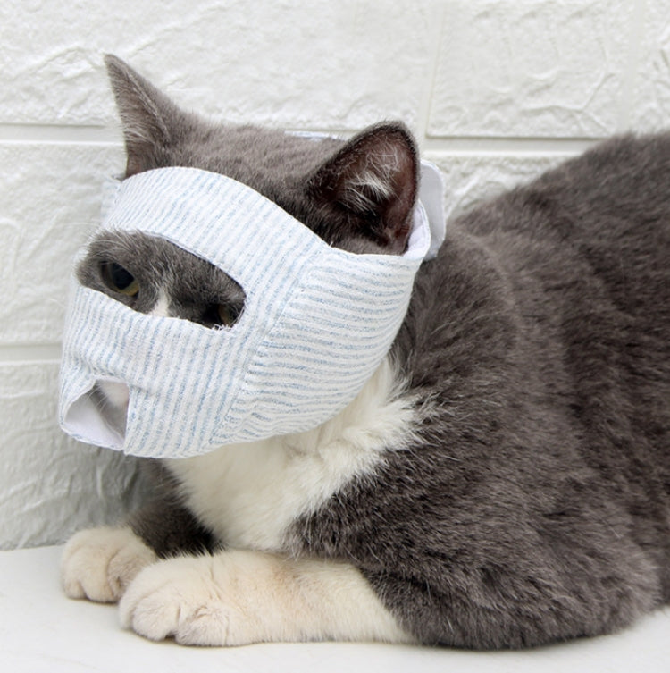 Light blue striped pet face muzzle mask with visible eye opening on a gray cat