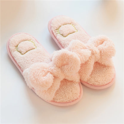 Light pink plush slide slippers with knot bow and embroidered heart detail