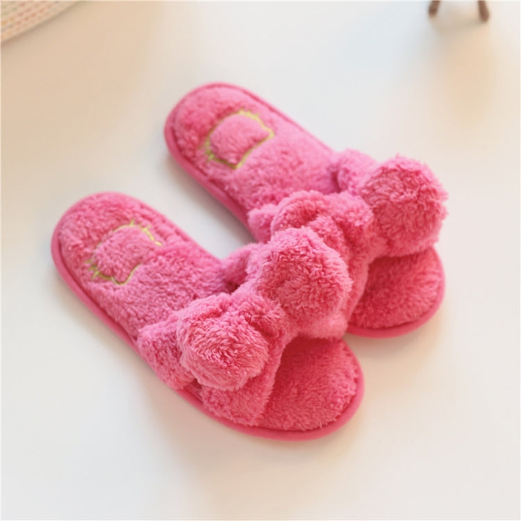 Rose pink plush slide slippers with knotted bow and embroidered heart detail
