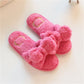 Rose pink plush slide slippers with knot bow and stitched heart on top
