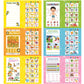 Colorful learning workbook pages with charts, puzzles, and alphabet activities