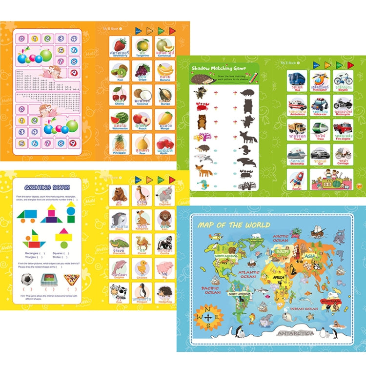 Colorful learning activity pages with games and a map of the world
