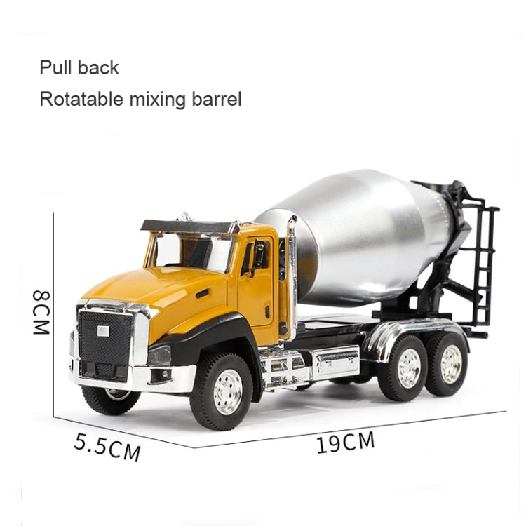 Die-cast cement mixer toy truck with rotatable mixing barrel and pull-back action