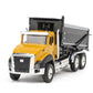 Die-cast dump truck toy with raised black tipper bed and yellow cab