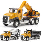 Set of die-cast engineering vehicle toy models, including cement mixer and dump truck