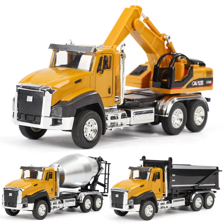 Set of die-cast engineering vehicle toy models, including cement mixer and dump truck