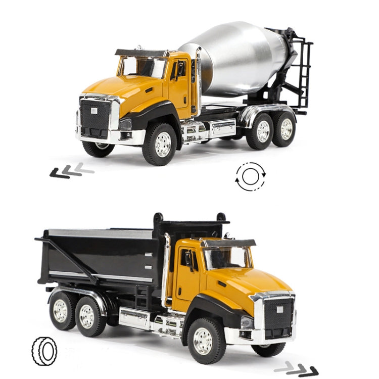 Die-cast cement mixer and dump truck toys with black bed and silver drum