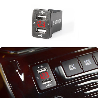 Black dual USB car charger module with two ports and red LED voltage display, 12.3V.