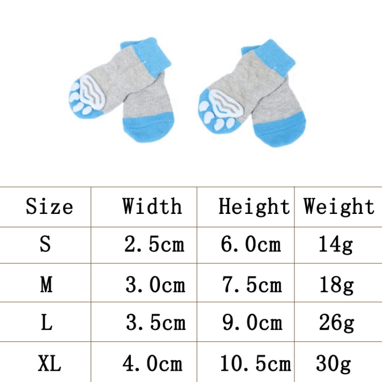 Gray and blue dog socks with paw-print toe, shown with size chart measurements