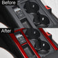 Red carbon-fiber cup holder trim installed on center console, 2-piece set